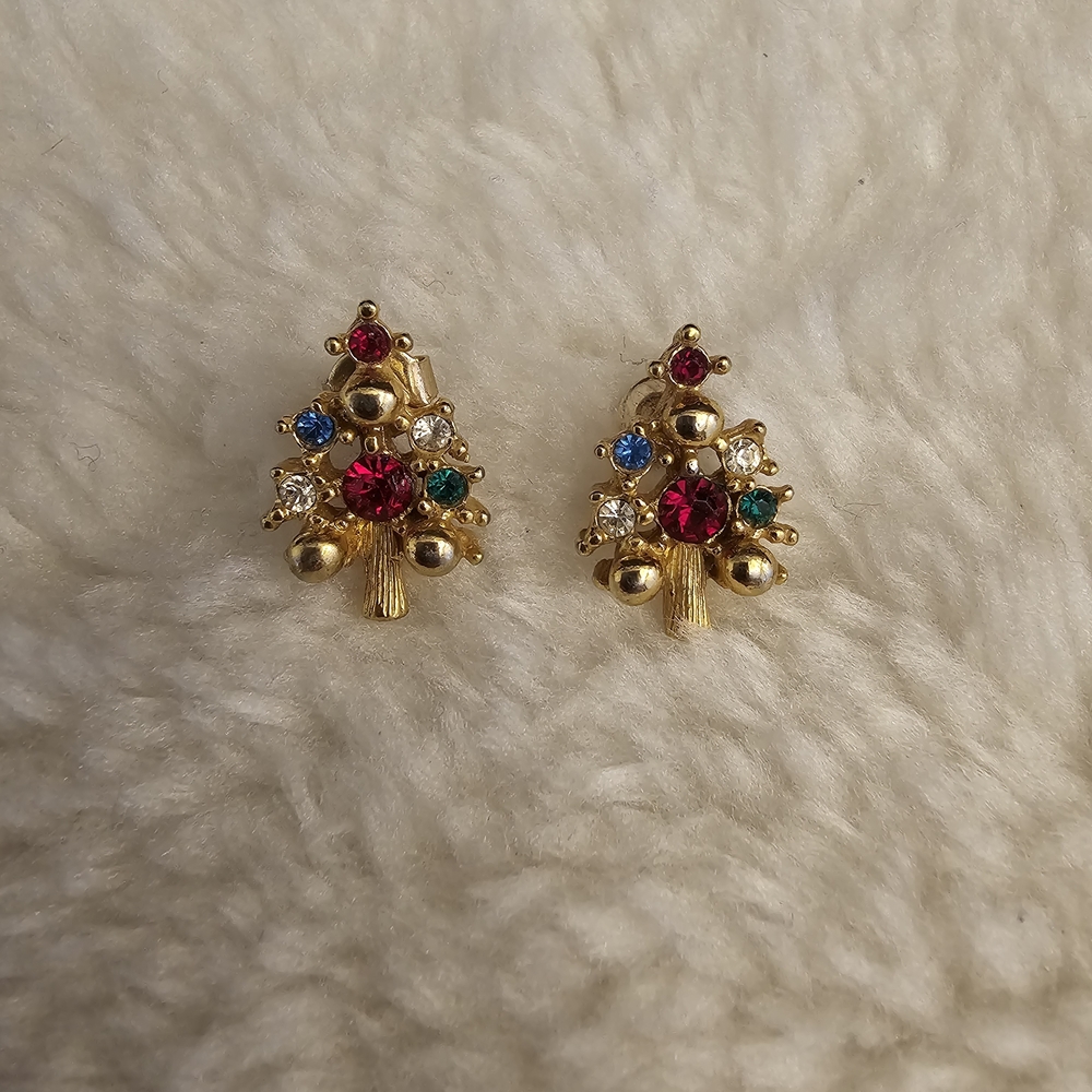 Tiny Gold Tone and Rhinestone Christmas Tree Stud Earrings